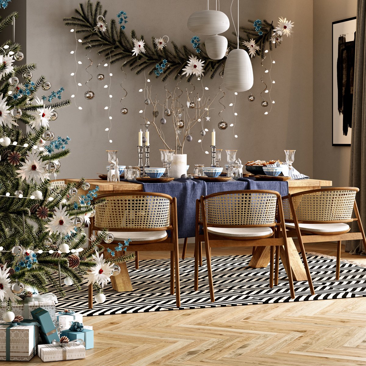 Christmas Garland. Modern Christmas Interior in Blue Tones.