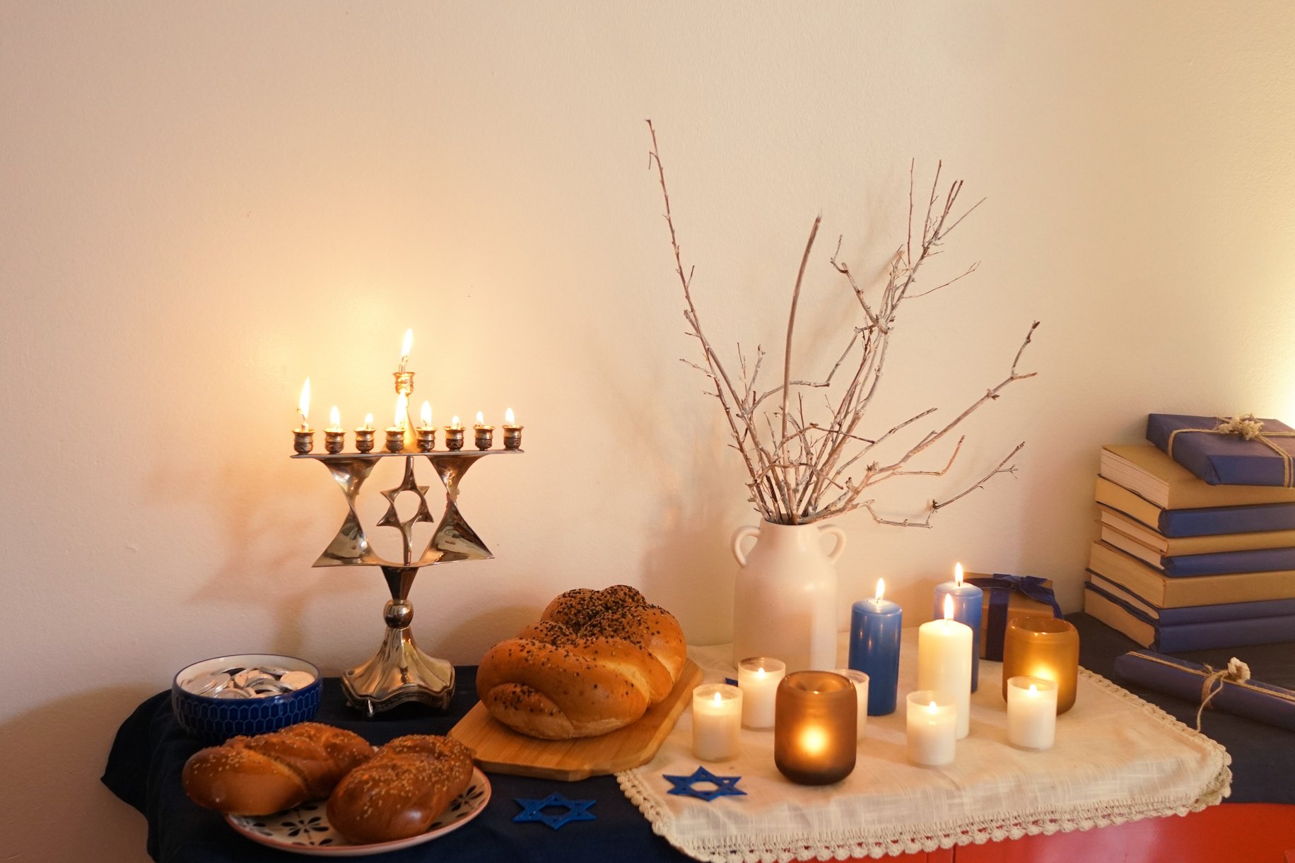 Menorah, Challah, Candles, and Gelt for Hannukah